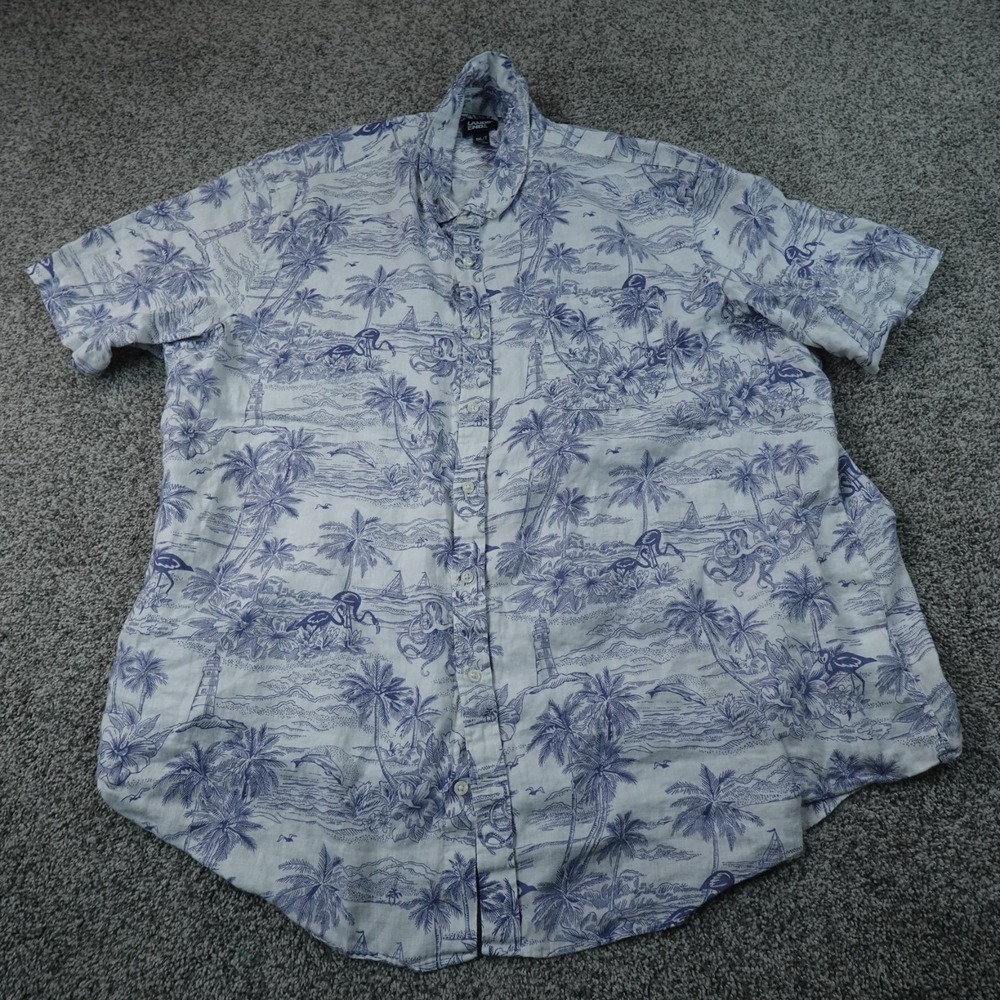 Lands End Shirt Mens 3XLT Blue Linen Tropical Hawaiian Beach Nautical Button Up